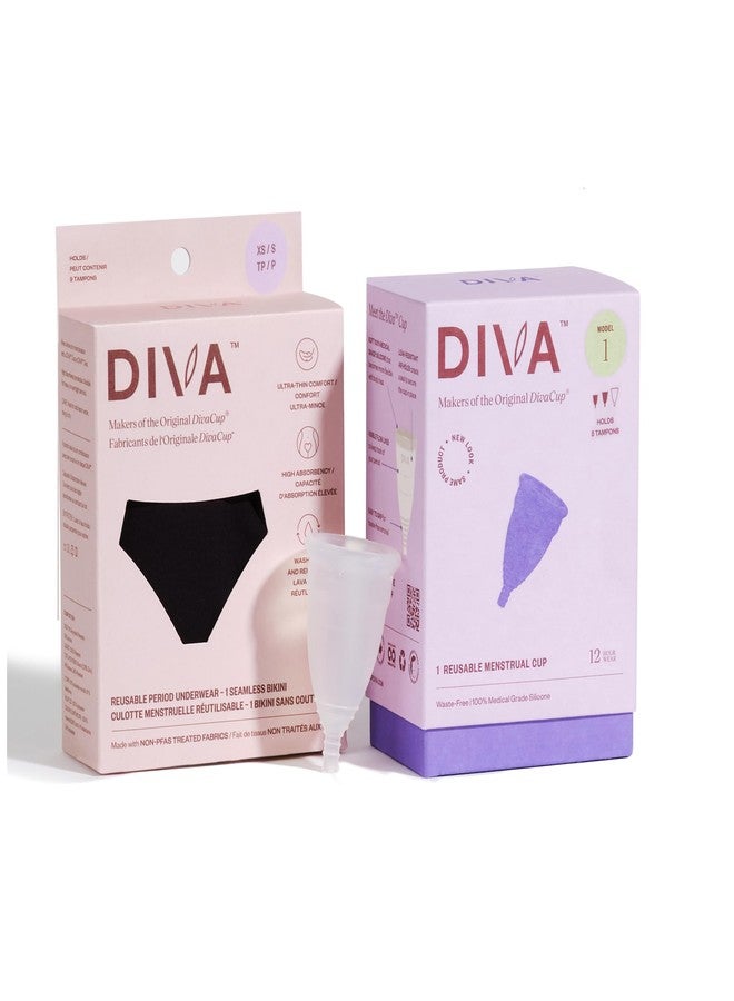DIVA Reusable Period Underwear & DIVA Cup Model 1 - Menstrual Underwear - Medical Grade Period Cup - Bikini, Black, XS/S